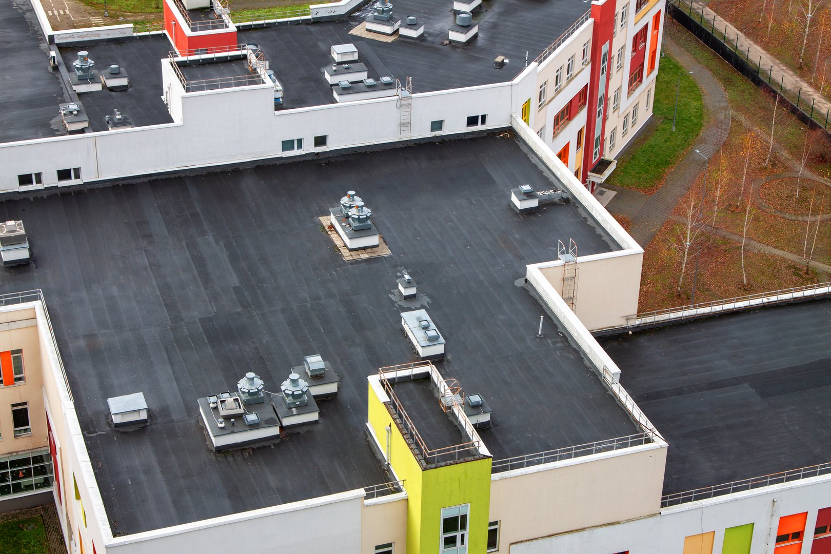 Modern flat roof with ventilation systems