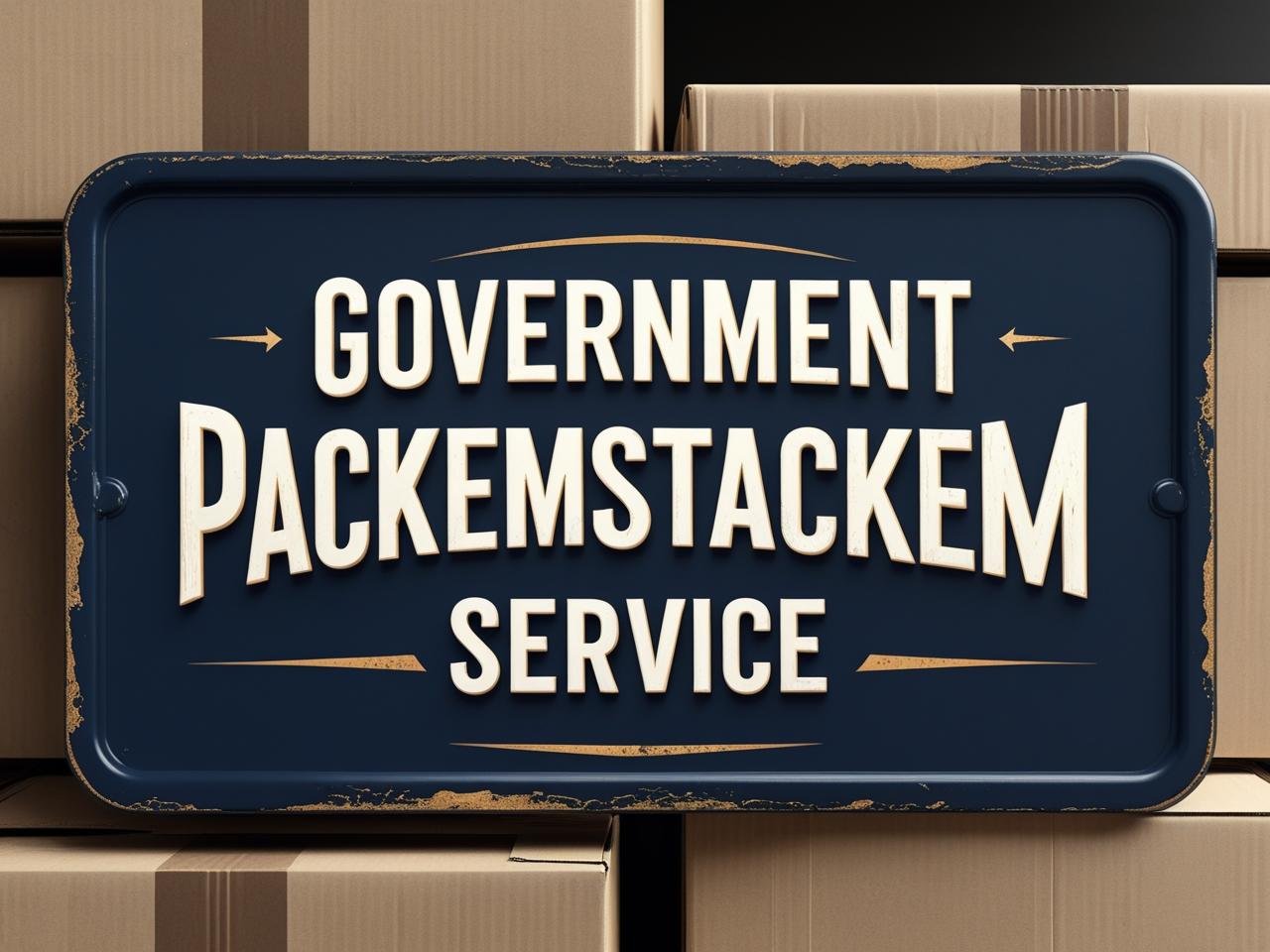 Government PackEmStackEm Service sign with dark blue background and packing boxes