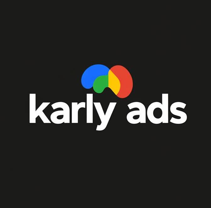 Logo design with "karly ads" text in white and a colorful, overlapping shape above on a dark background.