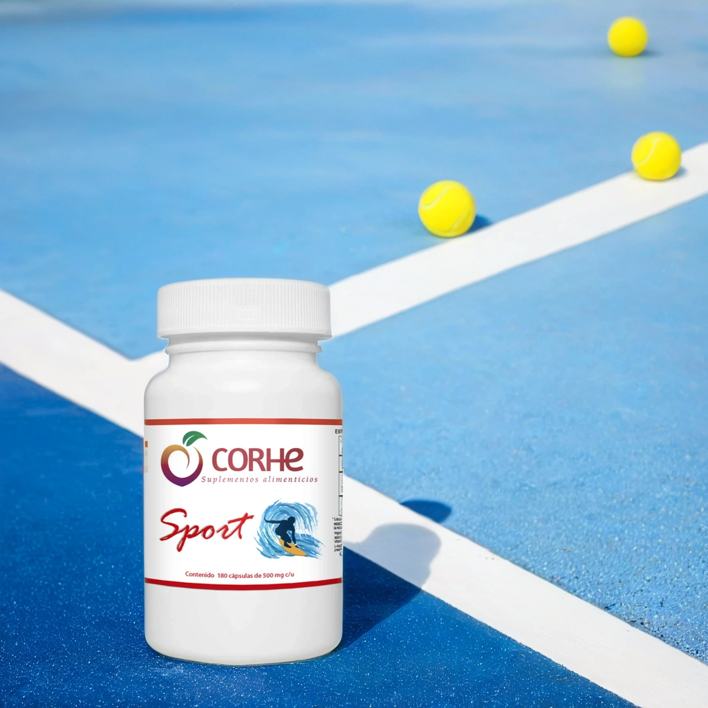 Bottle of Corhe Sport supplements on a blue tennis court with scattered tennis balls.