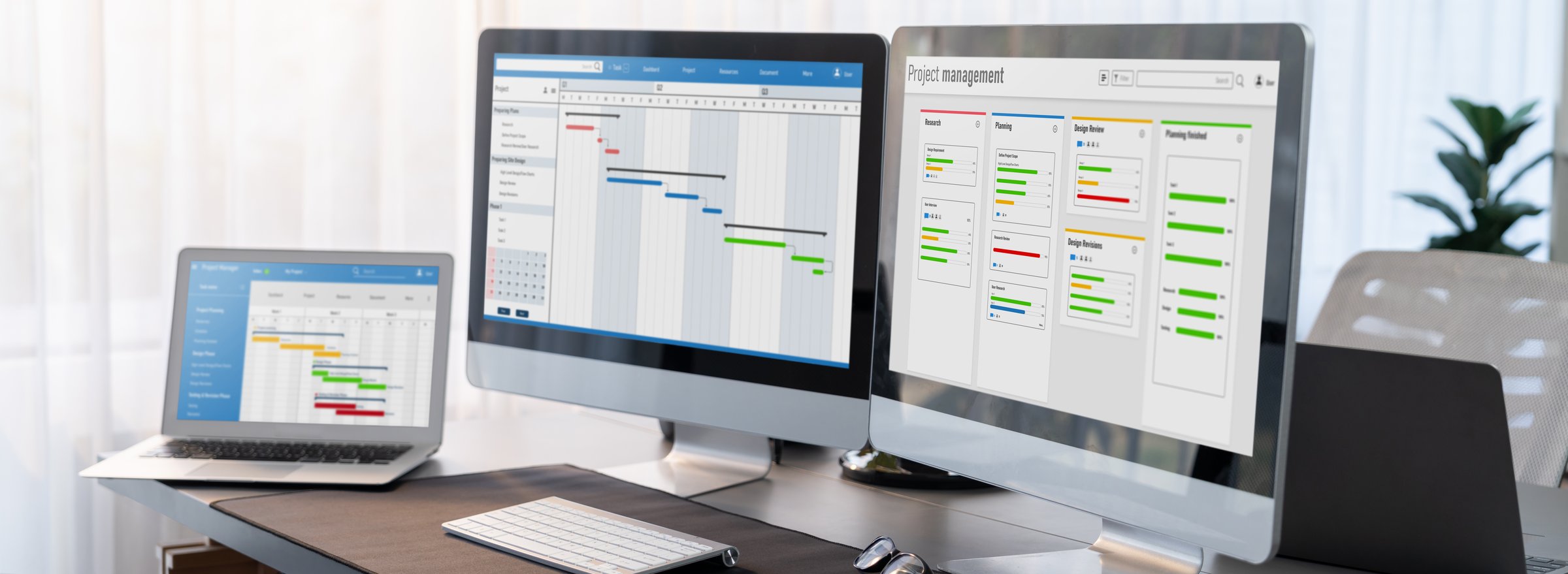 Gatt chart software display on computer screen showing business task timeline and planning schedules for efficient and manageable company project and work flow. Trailblazing