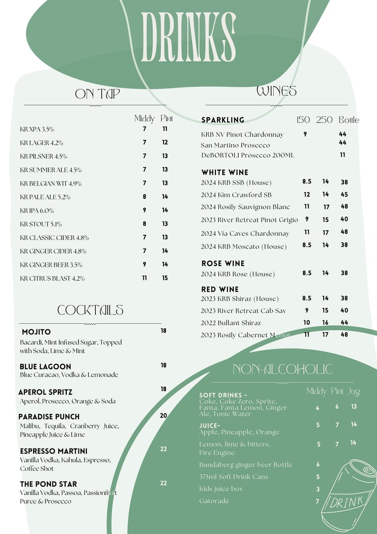 Ponds Bistro Drinks Menu