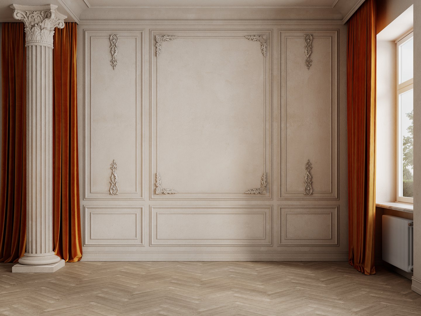 Classic empty interior with column, orange curtains, moldings and parquet floor.