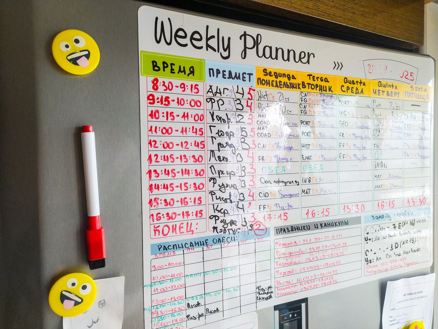 Busy weekly planner whiteboard on a fridge, filled with handwritten notes and timetable details. Relatable chaos, visual metaphor for time management, schedule, and lifestyle.