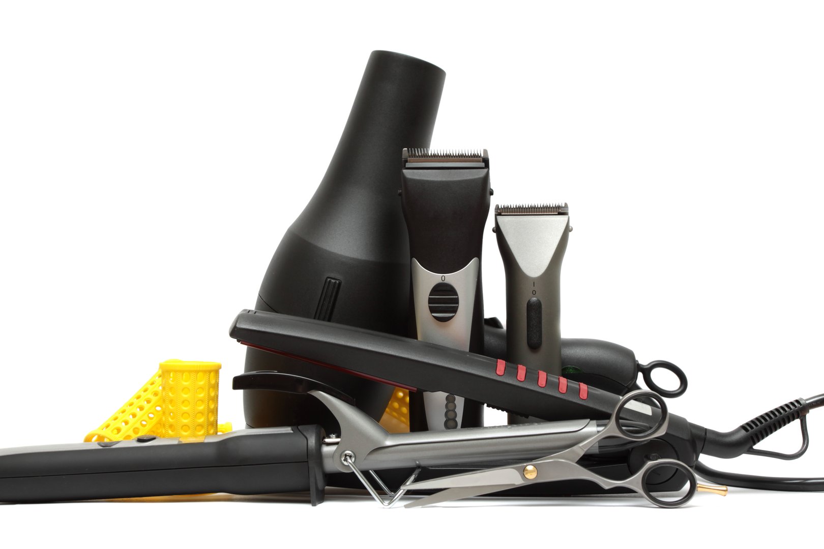 Hairdresser tools. Beauty salon and barber shop equipment. Scissor, hair clipper, hair dryer and straightener. Professional hairstyling accessories set