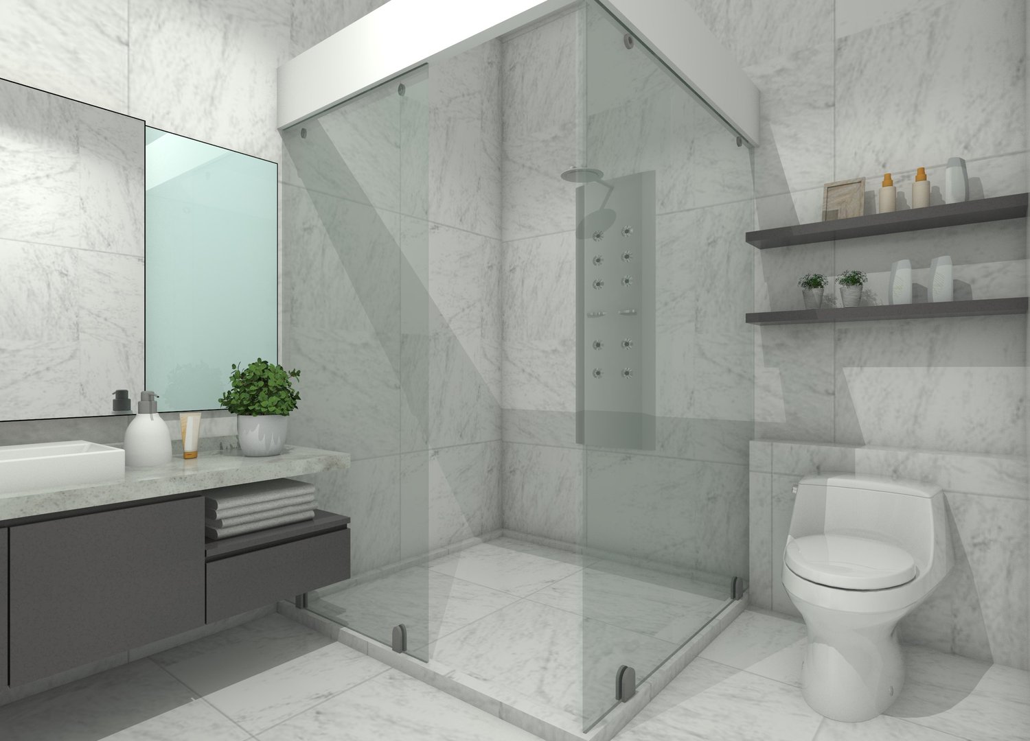Modern 3D bathroom interior design with sink cabinets and storage drawers, a mirror panel, a toilet, and shower area.