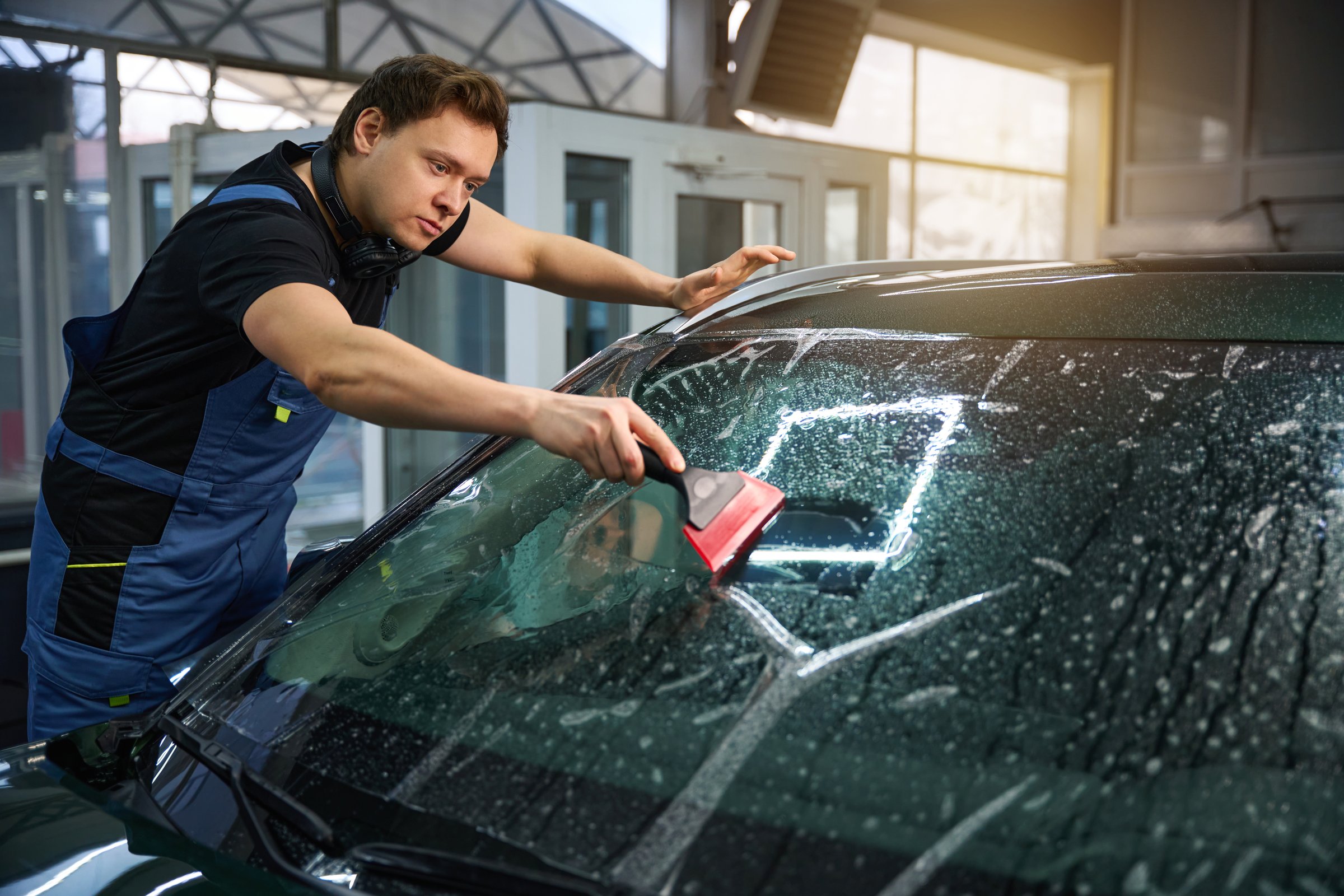 Auto detailing professional running squeegee over protection film applied to outer surface of car windshield