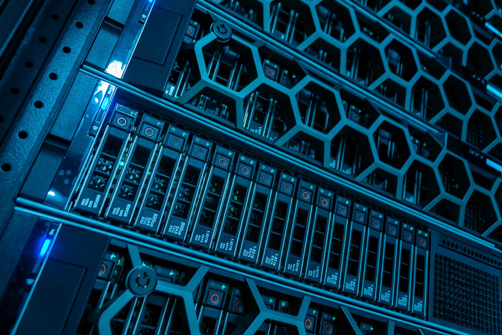 This close-up image showcases advanced server technology in a data center, highlighting intricate components and innovative design features. Ideal for tech-related projects.