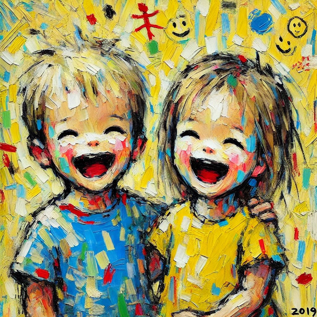 Colorful painting of two smiling children with messy brushstrokes, one in a blue shirt and the other in a yellow shirt.