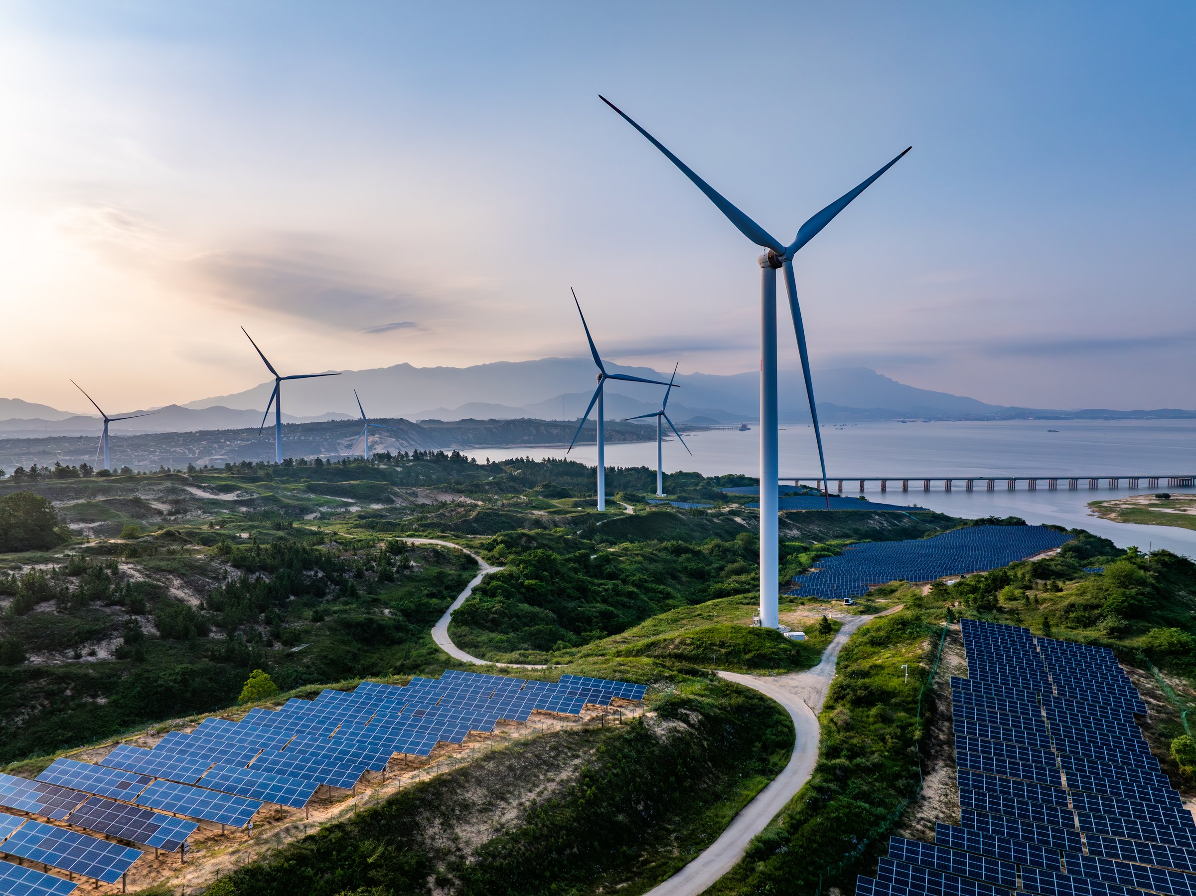 Photovoltaic solar energy wind power new energy at sunset