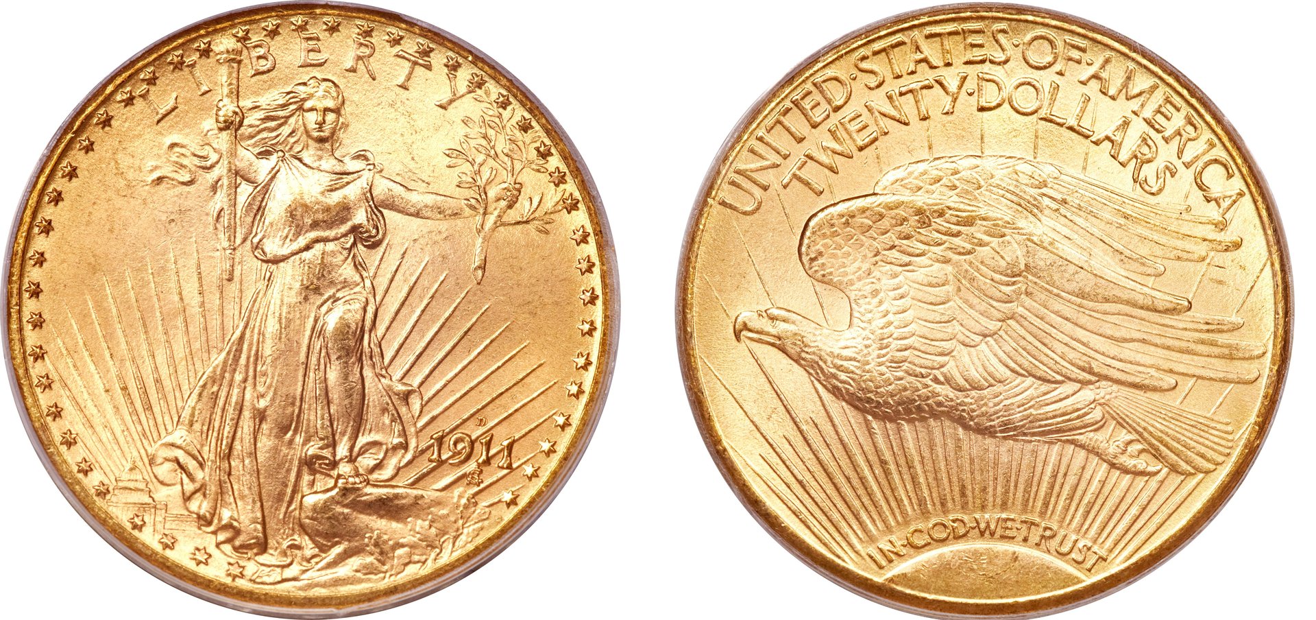 Standing Liberty with torch and olive branch, 46 stars around, Capitol building left in background

Script:&nbsp;Latin

Lettering:
LIBERTY
1911

Engraver:&nbsp;Augustus Saint-Gaudens

Reverse

Eagle flying left over rays from the sun, motto below

Script:&nbsp;Latin

Lettering:
UNITED·STATES·OF·AMERICA
TWENTY·DOLLARS
IN·GOD·WE·TRUST

Engraver:&nbsp;Augustus Saint-Gaudens

Edge

Lettered with words divided by stars

Lettering:&nbsp;E PLURIBUS UNUM