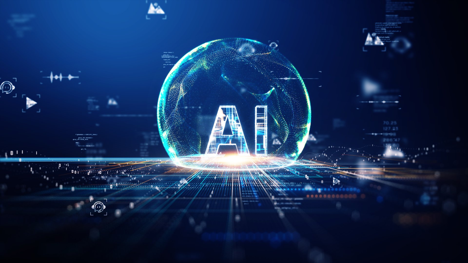 Futuristic digital concept of artificial intelligence with glowing AI text, data network, big data, and chatbot technology on blue technology background. Perfect for tech and innovation themes.