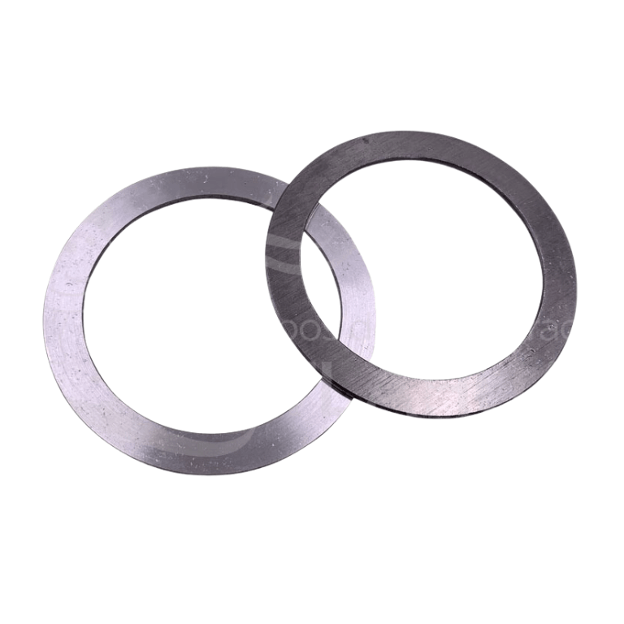Two overlapping metal washers on a white background.