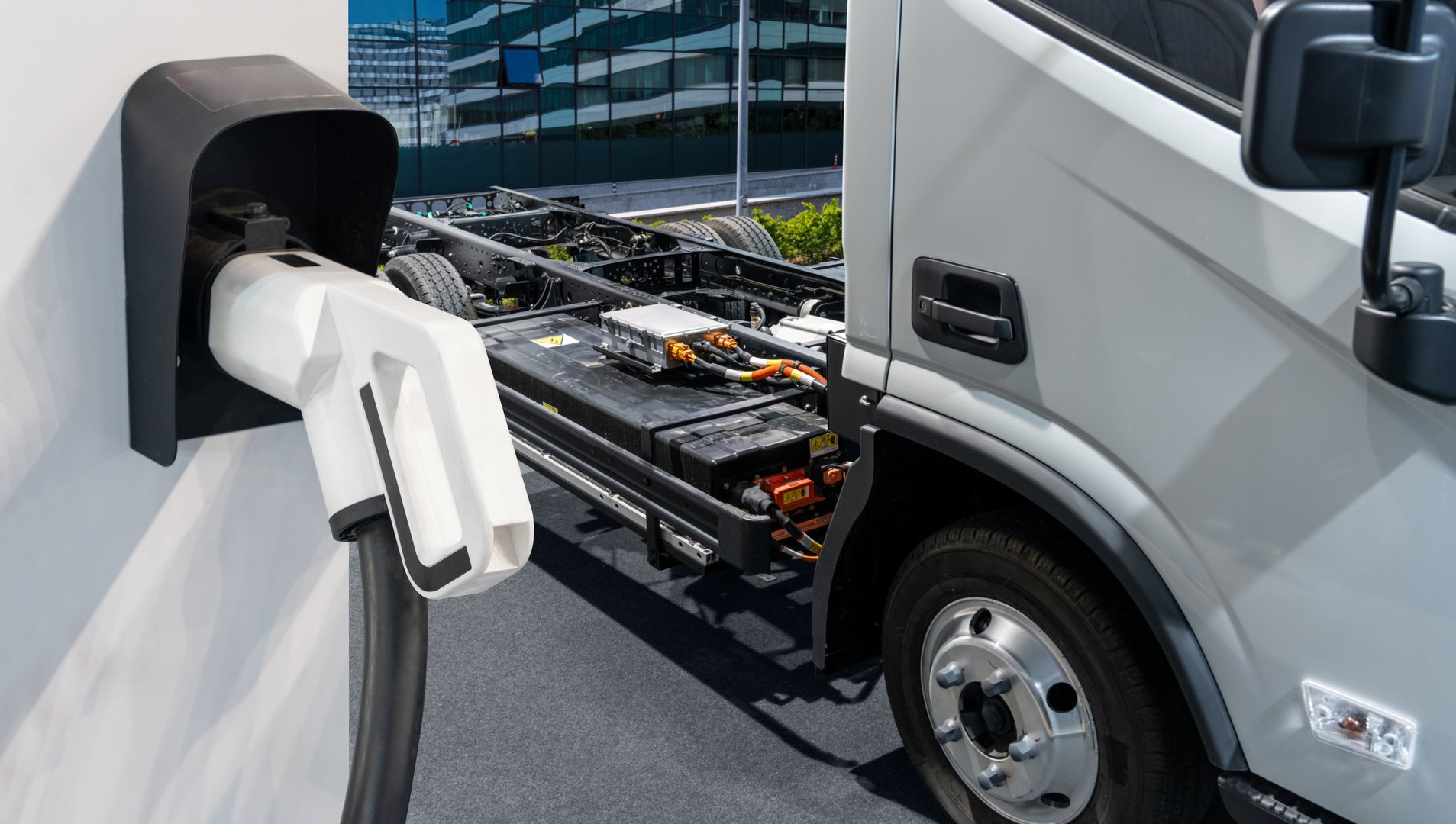 Electric truck batteries are charged from the charging station.