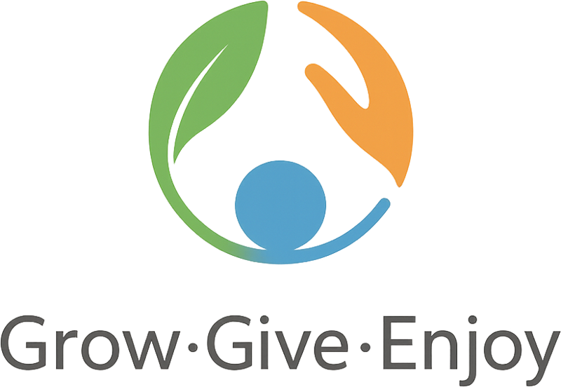 Logo with green leaf, orange hand, and blue circle above the words Grow, Give, Enjoy on a gradient background.