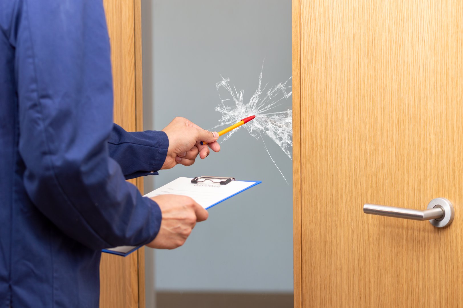 Close-up of a man's hand checking to repair glass in a house for a door accident