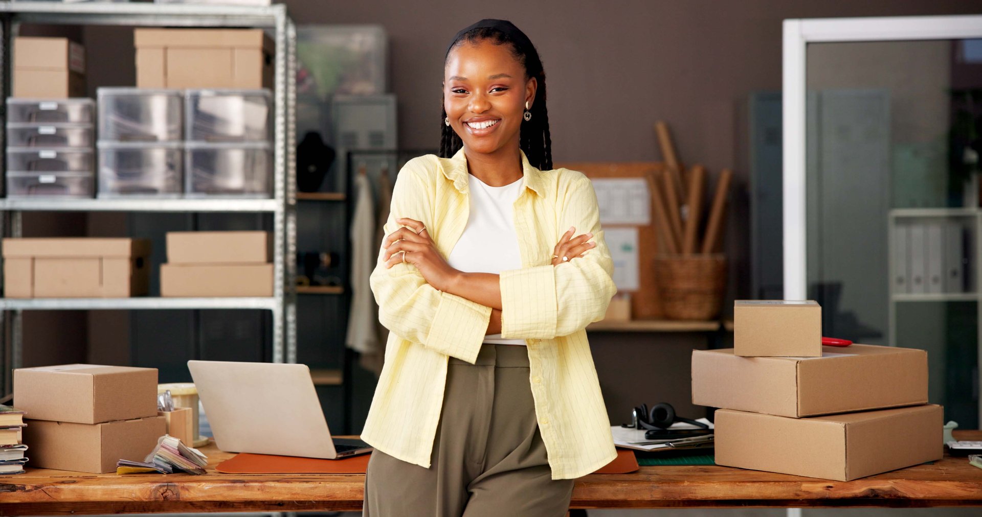 Face, ecommerce and happy with business black woman in warehouse for shipping, fashion retail and about us. Designer startup, clothing entrepreneur and arms crossed with person in cargo factory