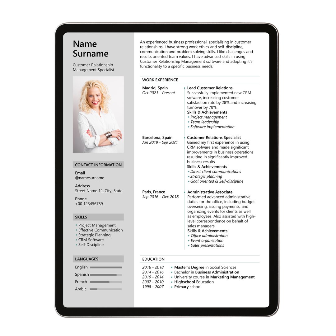 Sample CV document template on tablet computer
