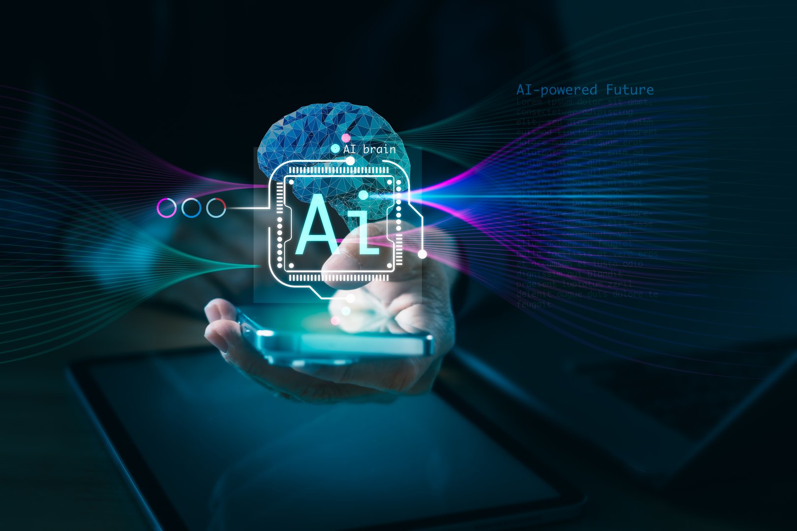 AI brain interface emerging from smartphone with glowing data streams, representing artificial intelligence, deep learning, mobile technology, and the future of smart digital systems