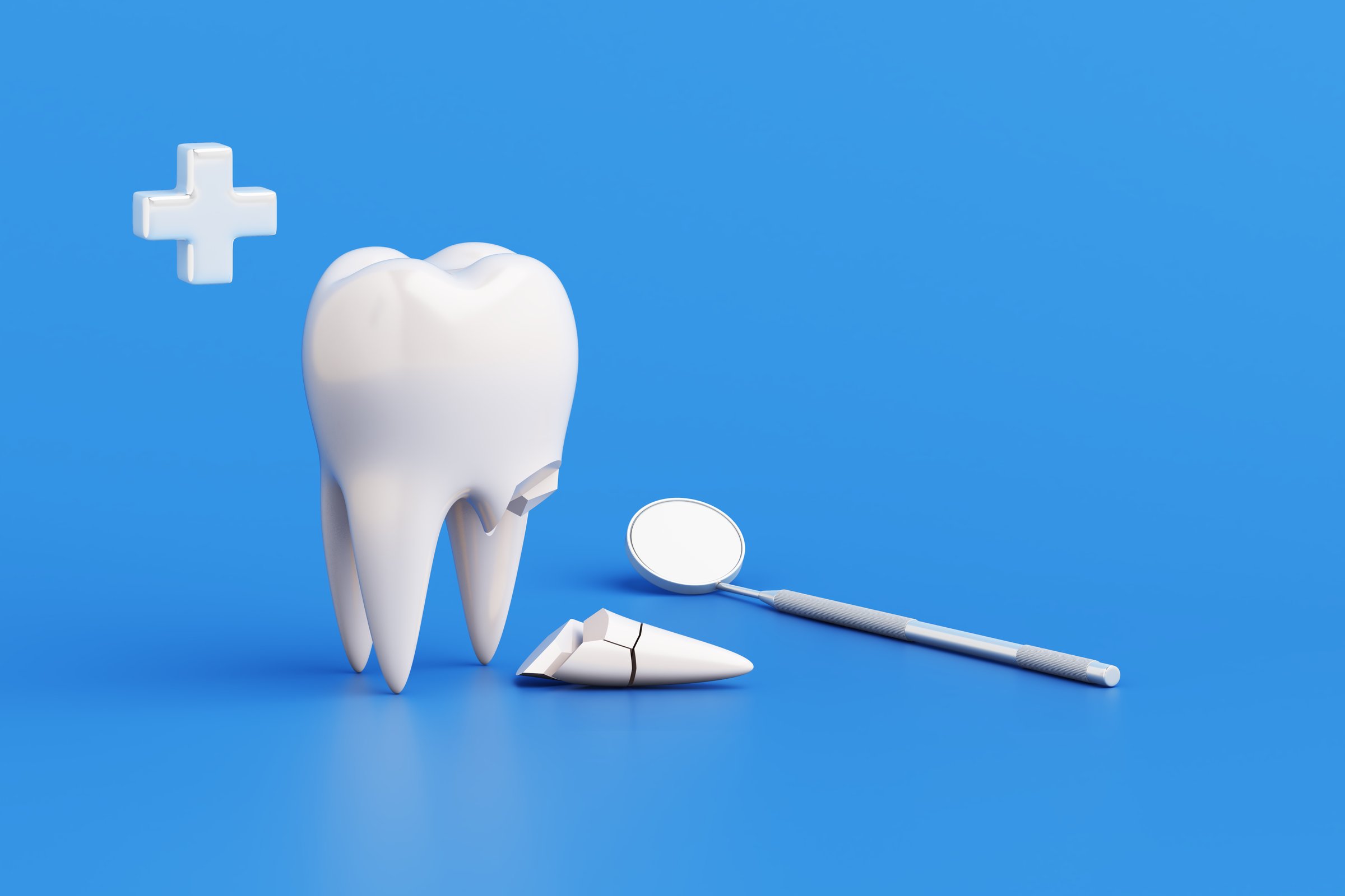 White 3D cracked tooth or teeth with dental mirror and plus symbol on blue background. Dentistry, dental care, toothache, tooth decay and tooth extraction. clipping path. Copy space. 3D Illustration.