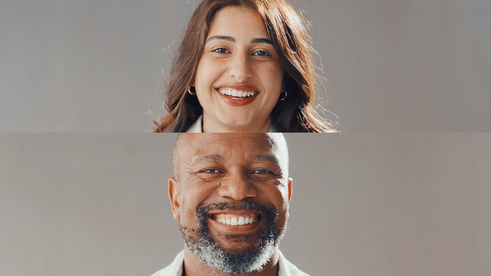 Collage. happy and portrait of business people in studio for about us, company staff and team. Professional, corporate and face of man and woman with confidence, pride and smile on white background