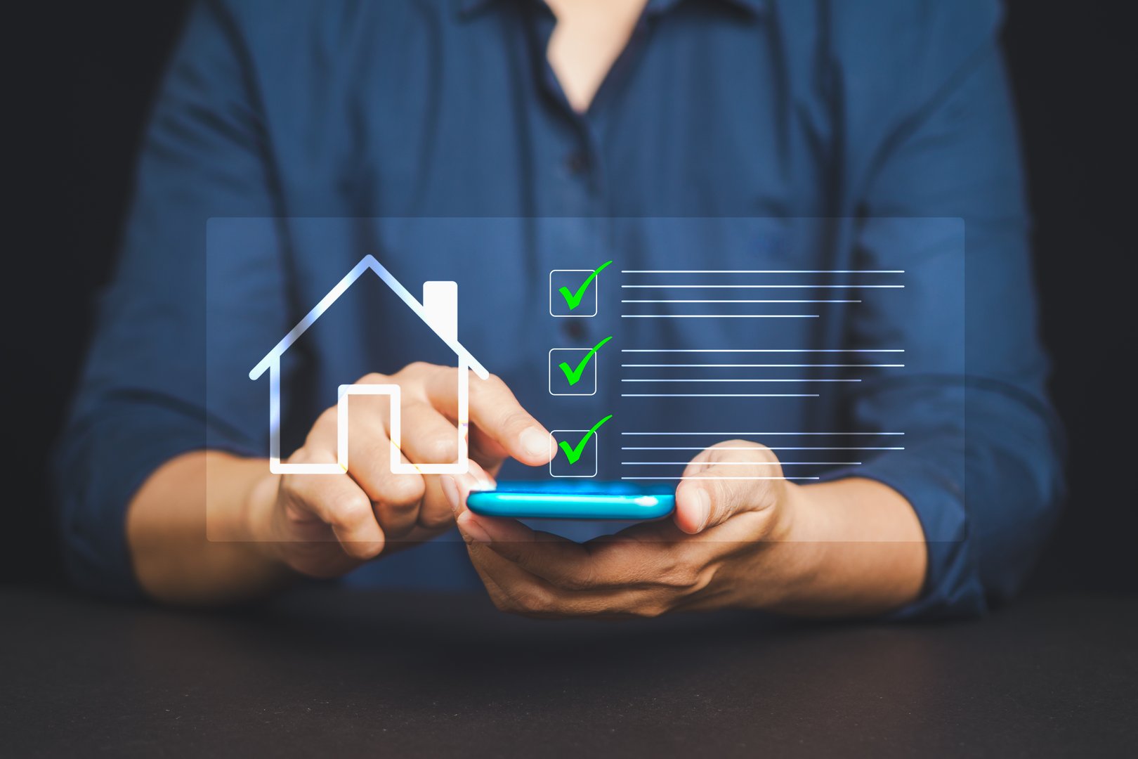 Male hand interacts with smart home checklist on mobile phone screen, symbolizing modern home automation, digital management, and residential technology in real time.