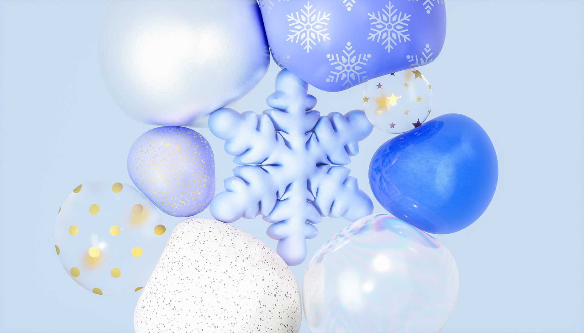 Festive Decorative Balls and Snowflake on light blue Background. 3d rendering