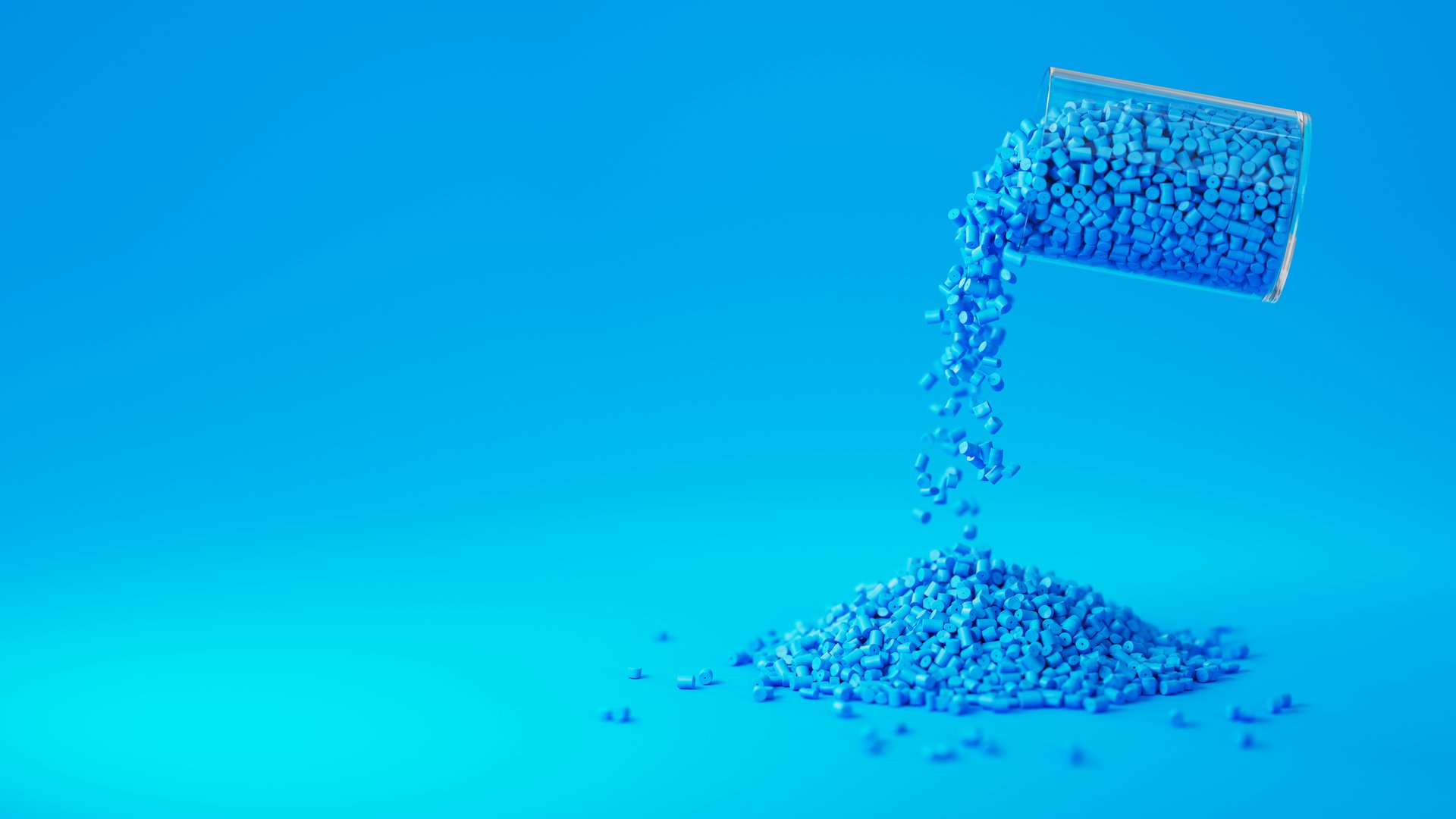 Blue plastic polypropylene granules pouring from the glass on a blue backdrop, masterbatch polymer grain pile. HDPE or PVC resin pellets. Place for text. 3d render illustration.