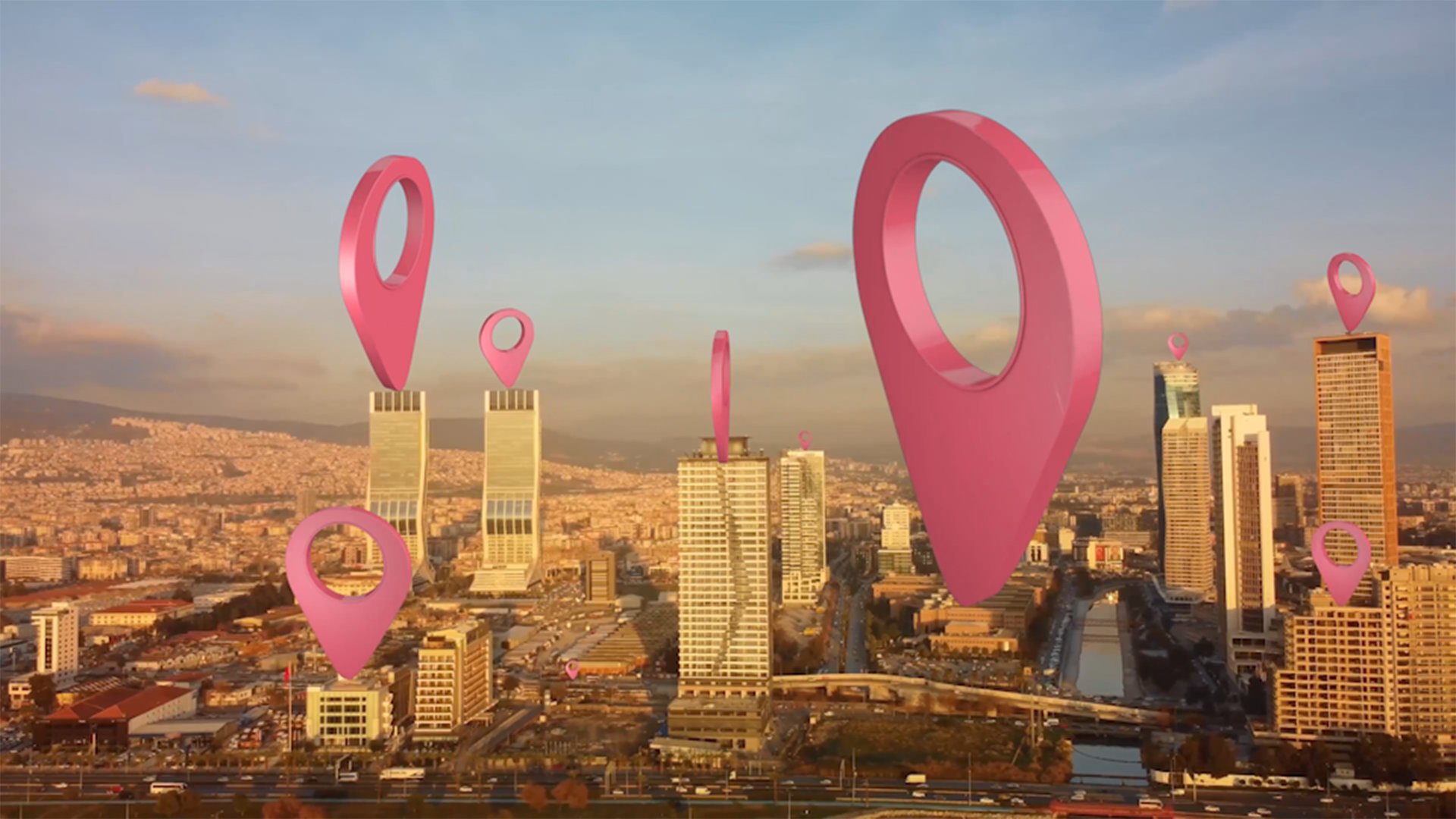 Aerial smart city. Localization icons in a connected futuristic city. Technology concept, data communication, artificial intelligence, internet of things. izmir skyline. High quality photo