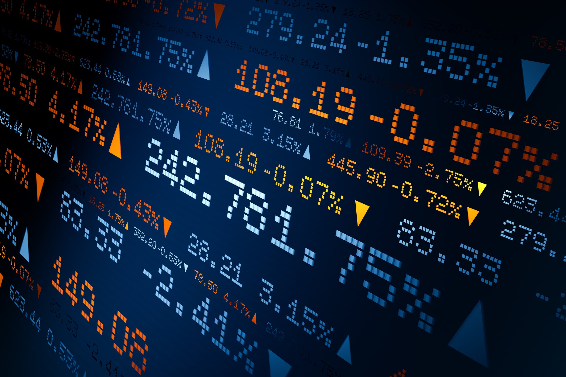 Stock market ticker with prices, percentage changes. Abstract ticker board, financial market, screen, business, trading, rates, quotes, investment. 3D illustration