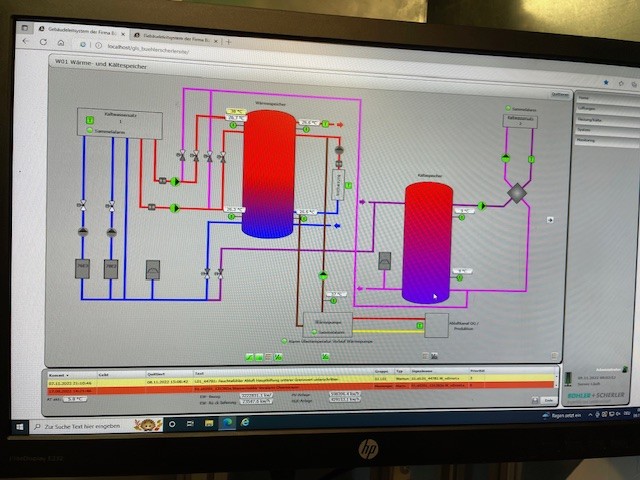 A computer screen displaying a HVAC system diagram with color-coded pipes and components for heating and cooling.