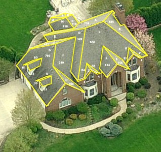 Roof measurement report showing aerial view with dimensions