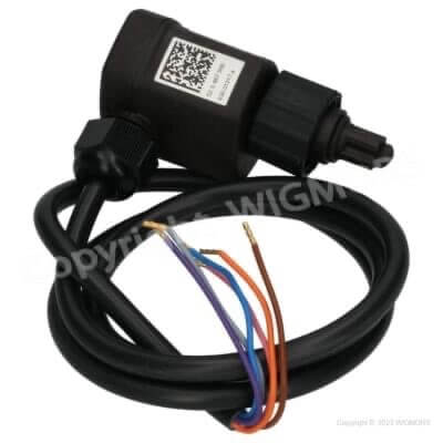 Black electronic sensor with attached cable featuring multiple colored wires at the end, used for industrial applications.