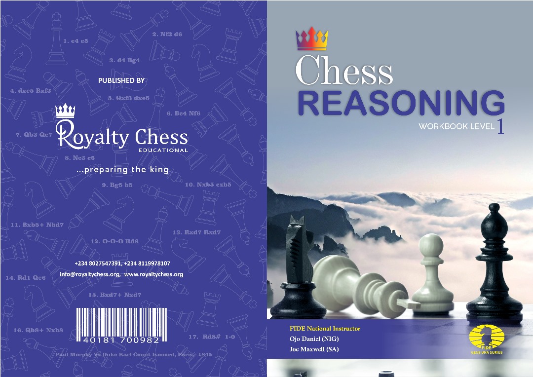 Chess Reasoning Level 1 workbook cover featuring chess pieces on a misty landscape, published by Royalty Chess Educational.