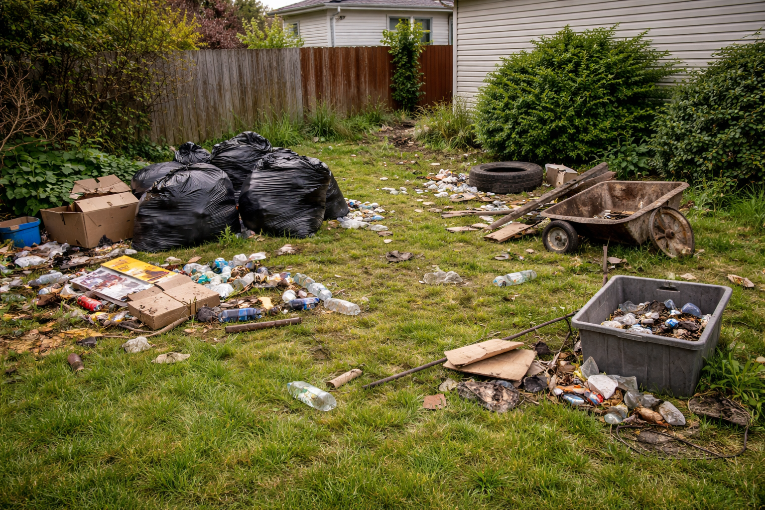 Backyard clutter and discarded debris