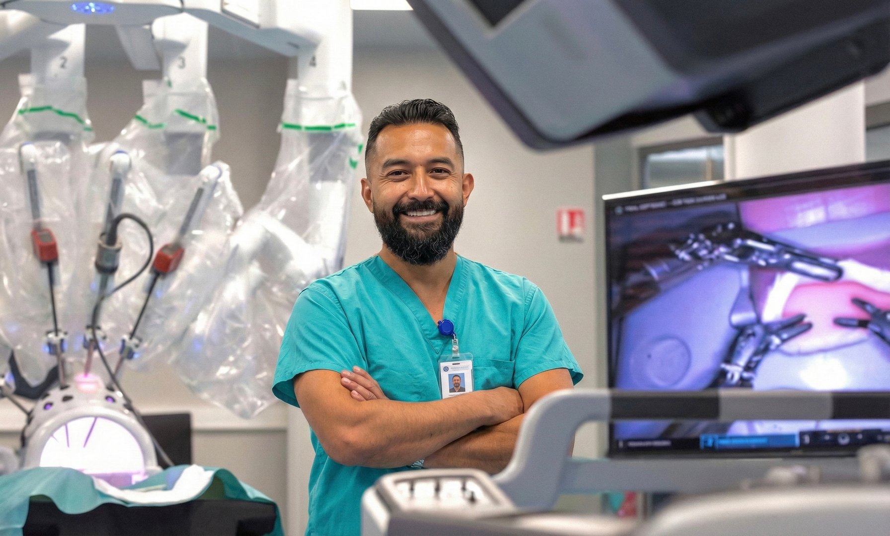 Robots quirúrgicos y operación robótica como concepto de cirugía con IA guiada por computadora y robótica médica avanzada en una sala de operaciones hospitalaria