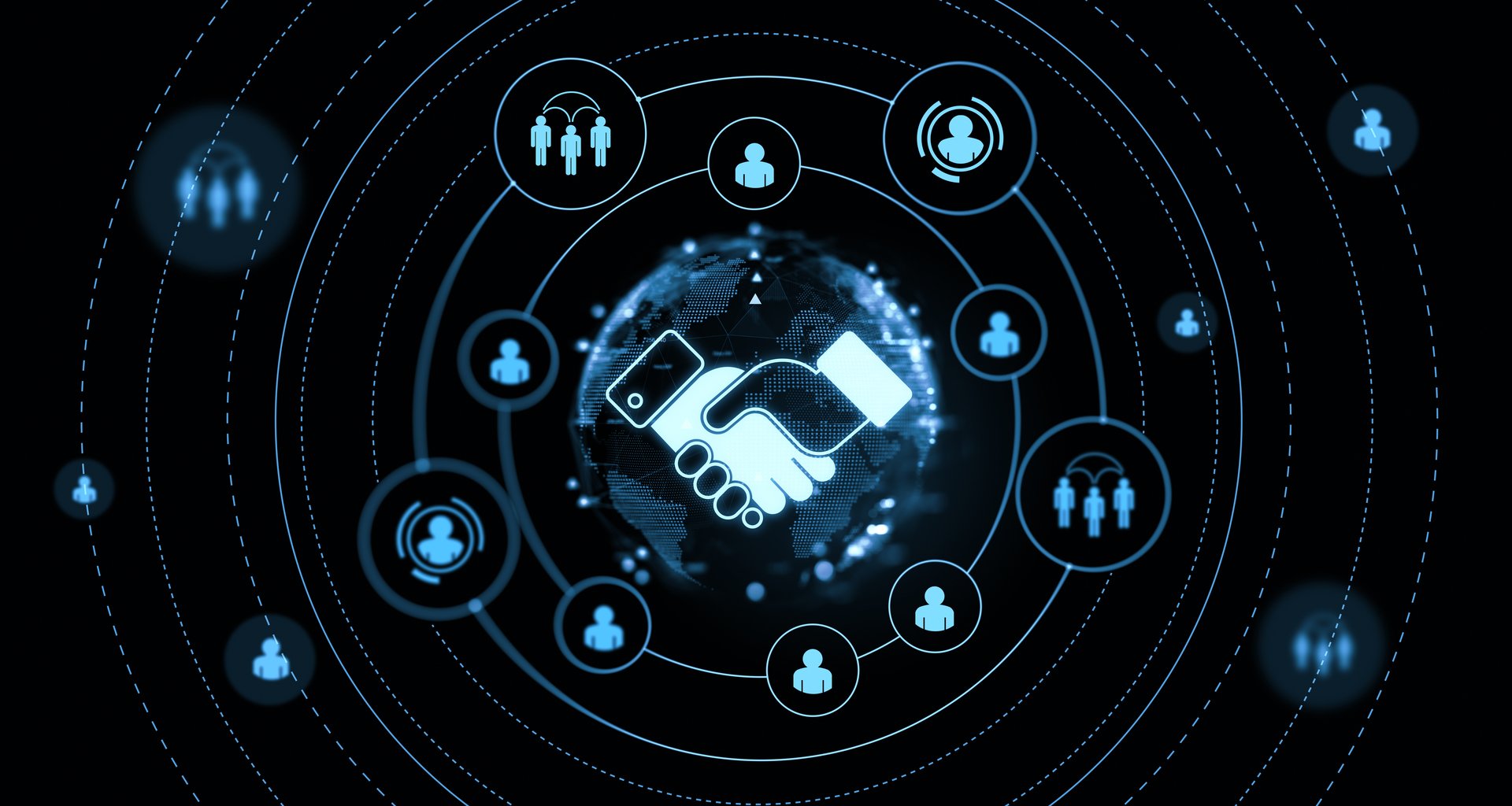 A digital handshake icon surrounded by people icons in a futuristic style on a dark background. Concept of global networking. 3D Rendering