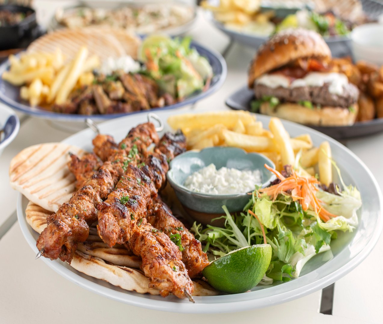 BBQ chicken skewer gyros plate in Greece restaurant