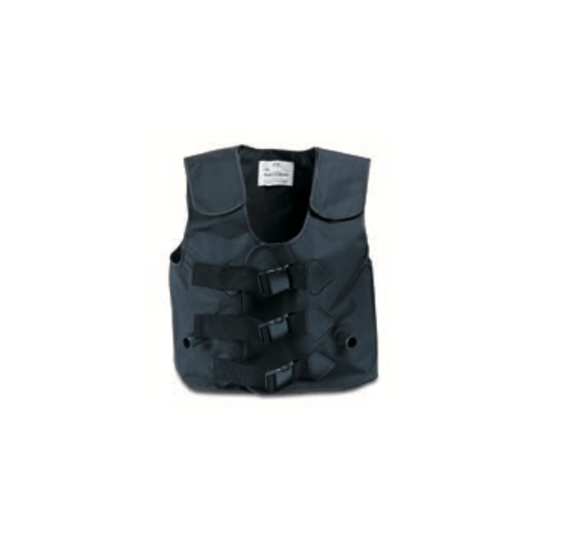 A black tactical vest with three adjustable buckle straps on the front, designed for protection or utility use.