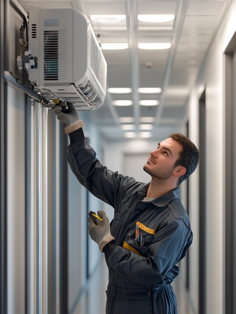 A technician in overalls inspects a wall-mounted air conditioning unit in a hallway, holding a tool and wearing gloves.