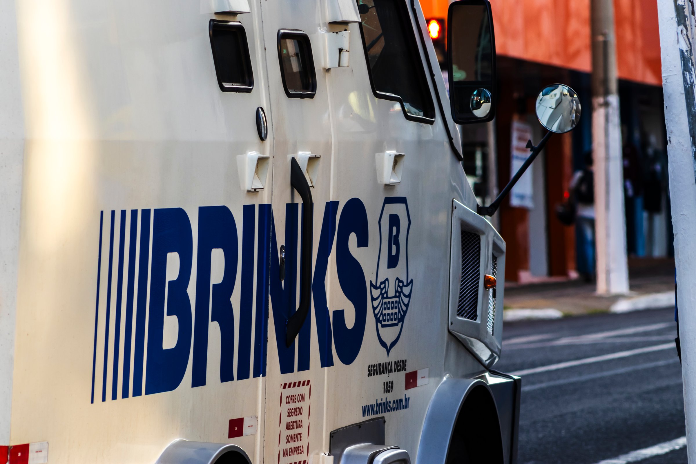 Marilia, Sao Paulo, Brazil, August 28, 2024. Brinks Armored Truck parking on street in downtown Marilia city