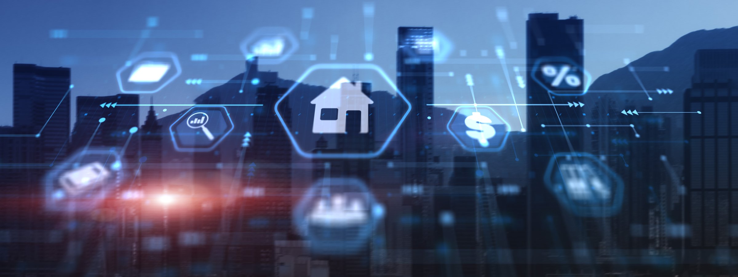 Smart home technology icon on city background representing Real World Asset tokenization