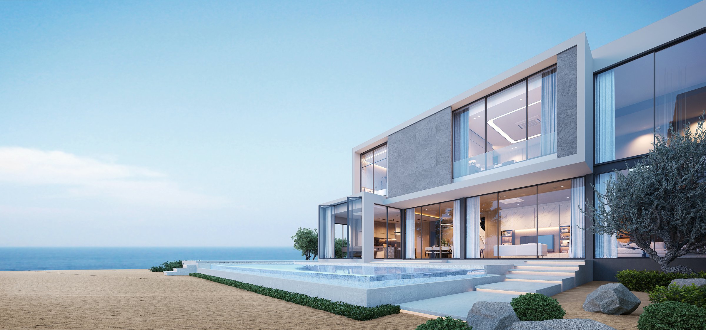 Modern luxury beach house with swimming pool and sea view. 3d rendering