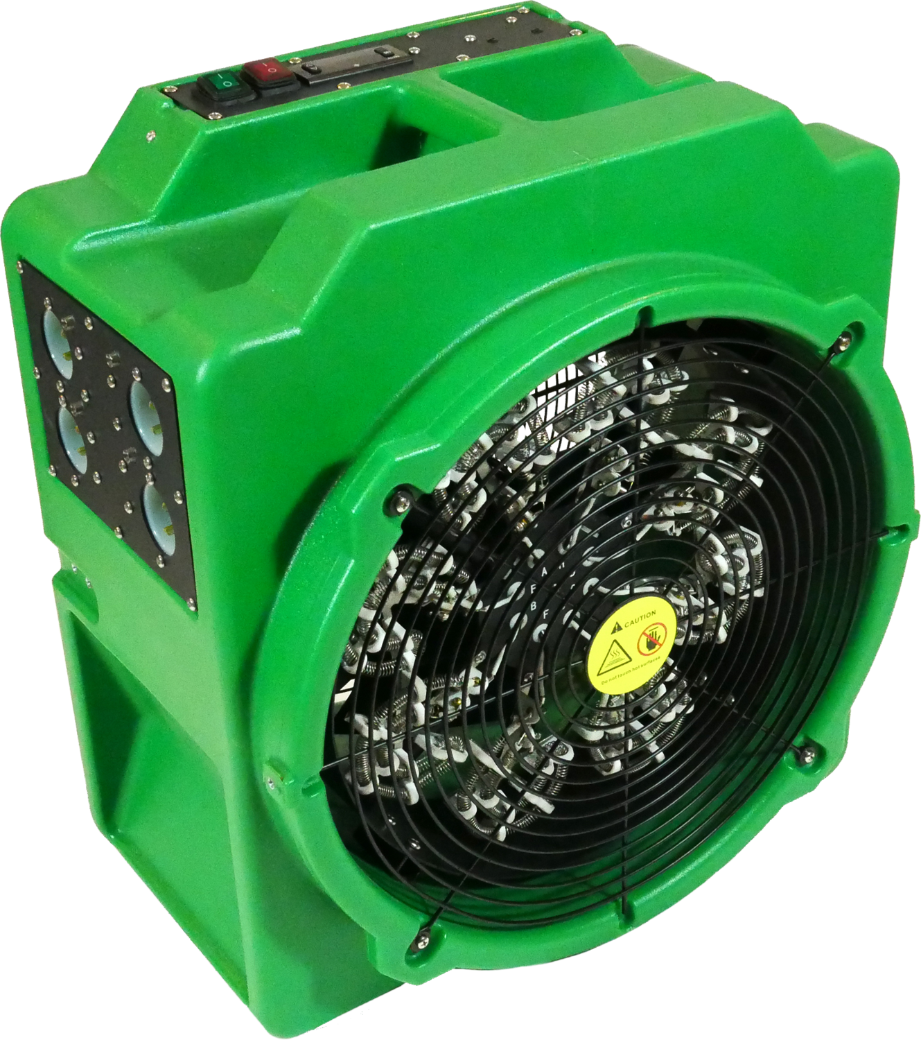 Green industrial air mover fan with control panel and handles, featuring a large black front grill and warning label.