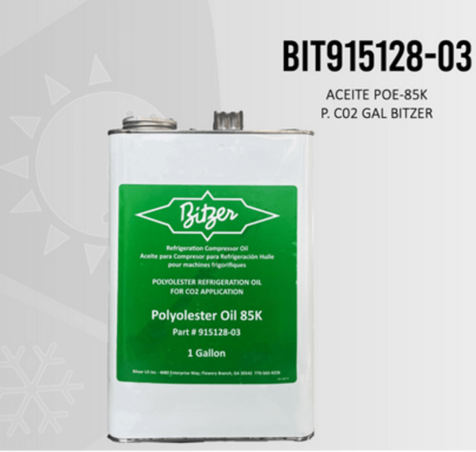 Bitzer polyester compressor oil container, labeled POE-85K for CO2 applications, 1 gallon size, part number 915128-03.
