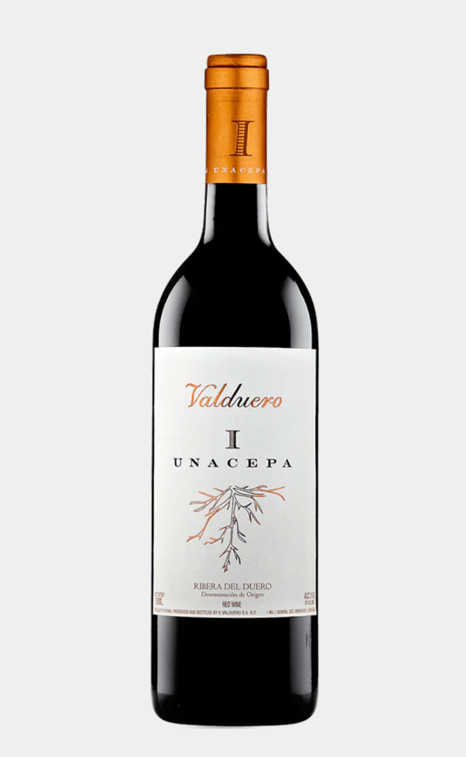 Bottle of Valduero Una Cepa red wine with a minimalist white label and orange cap, from Ribera del Duero.