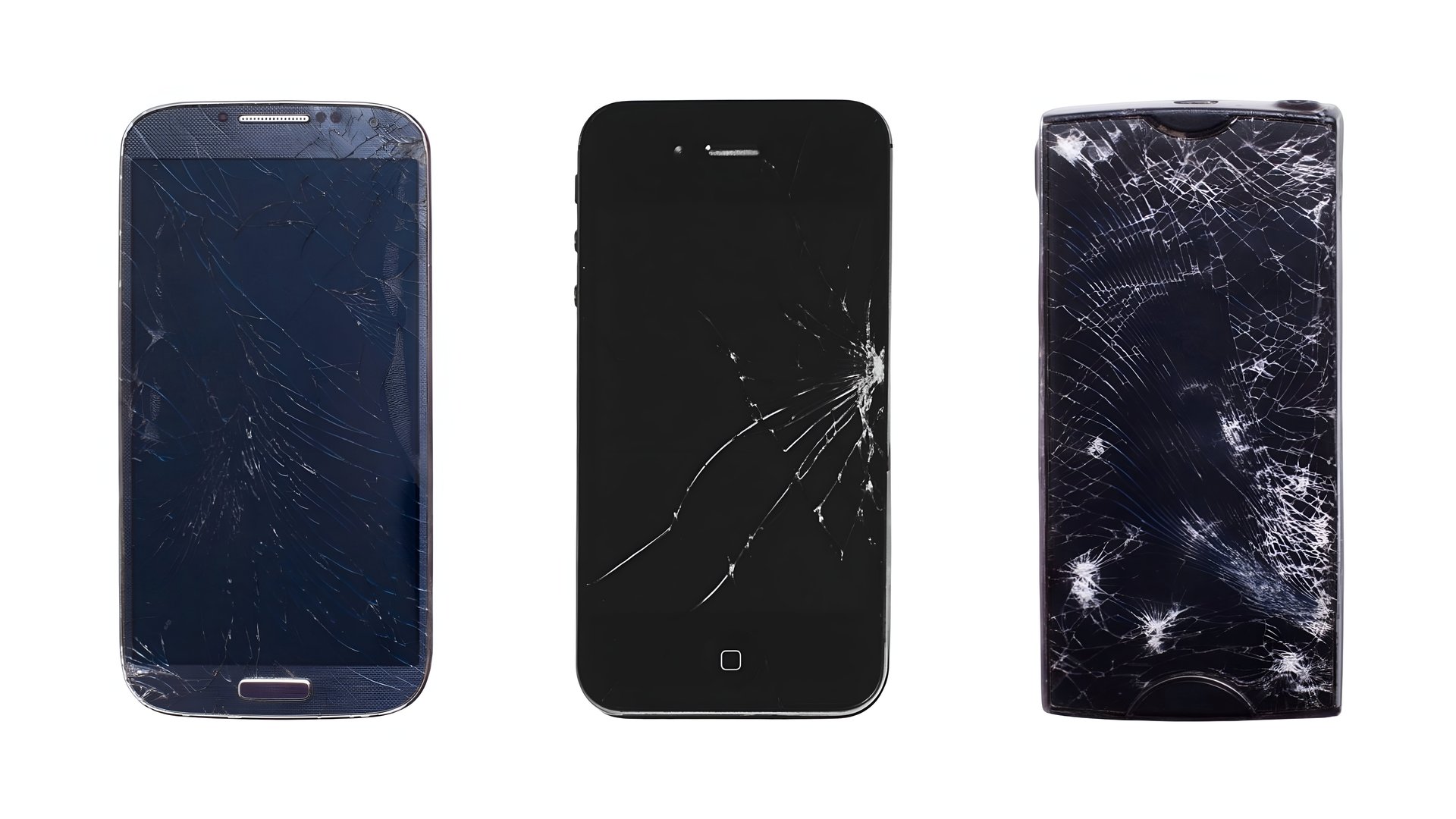 Three phones with broken screens. isolated on white background