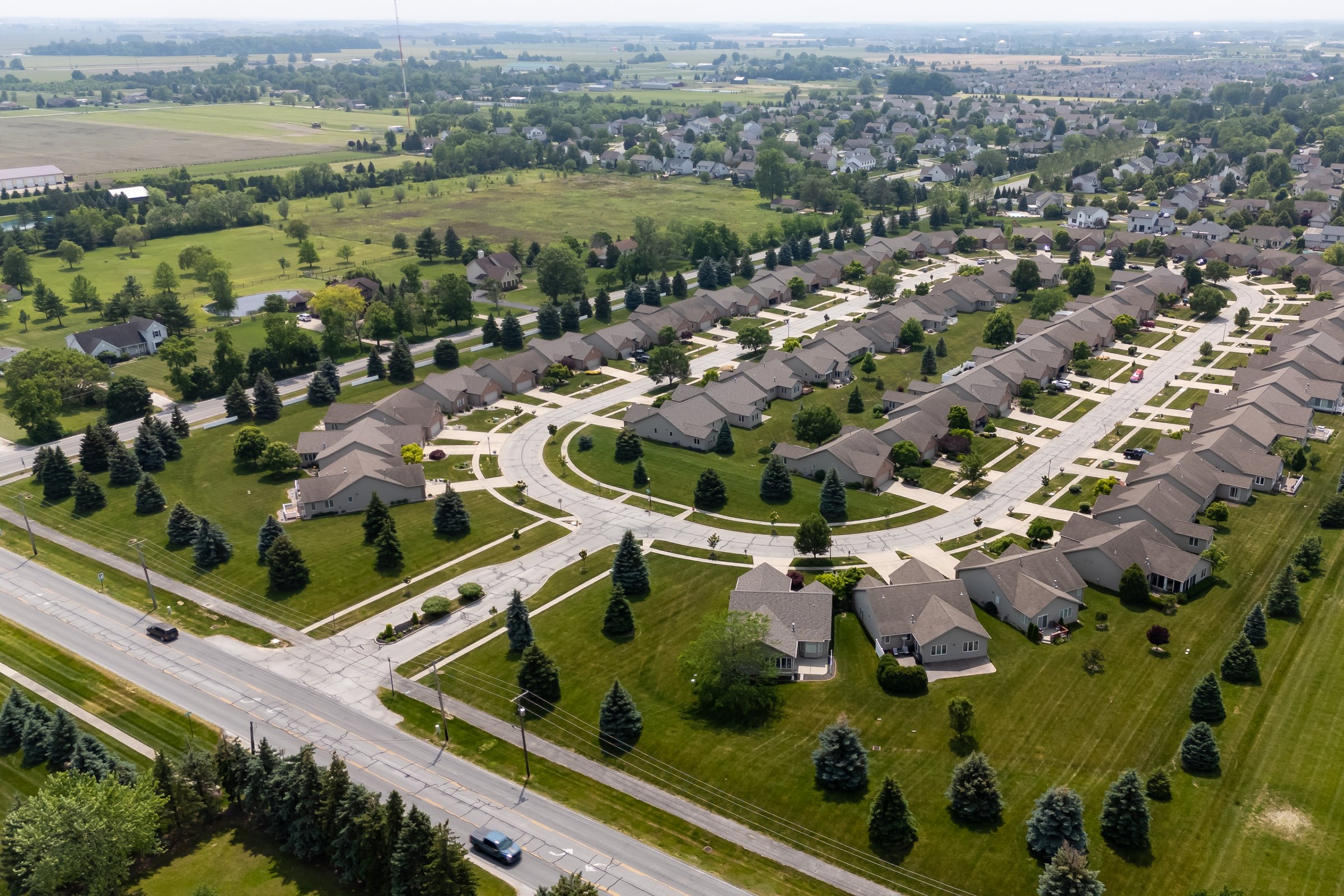 Residential neighborhood seen from above.