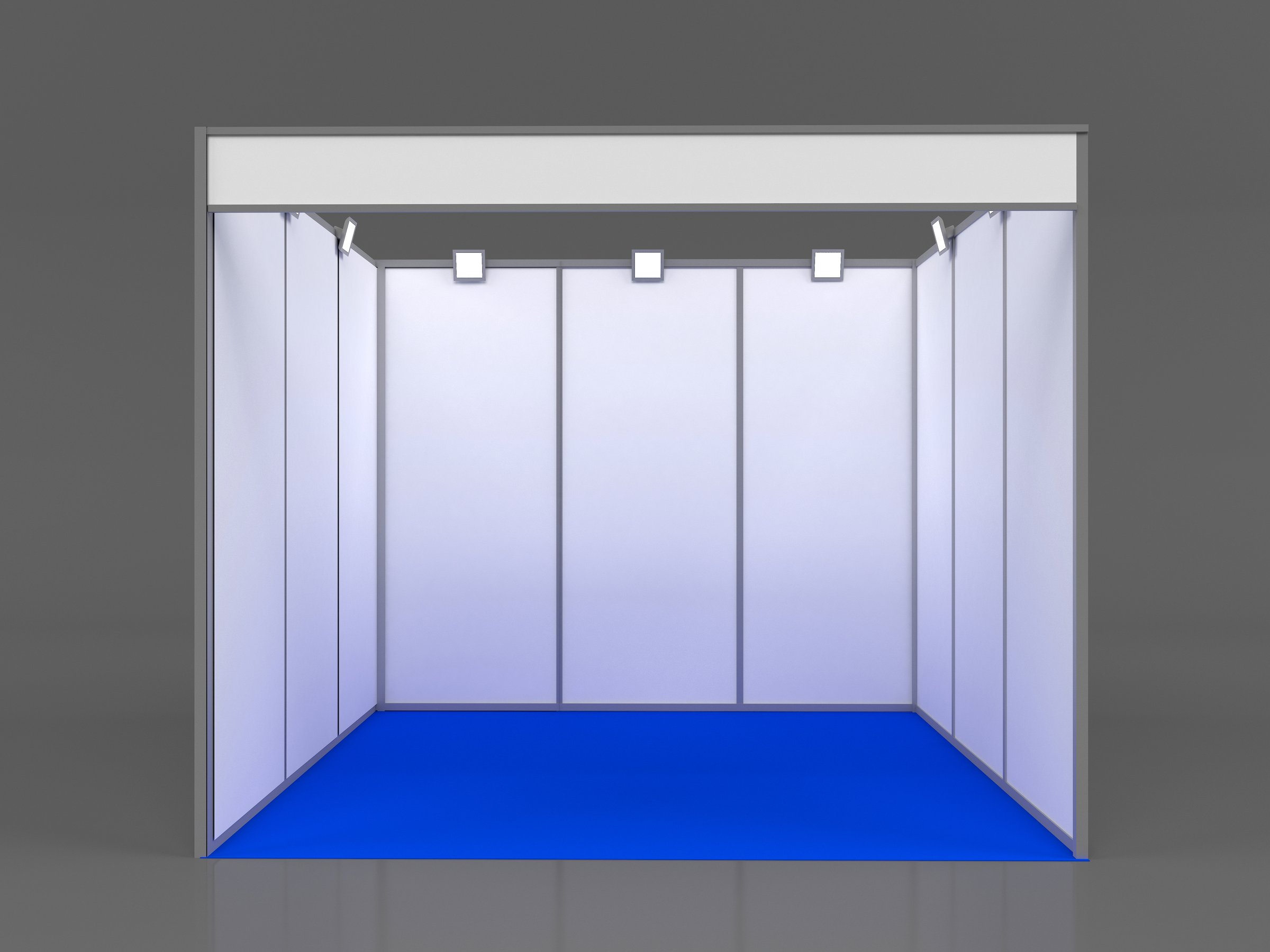 Modern exhibition stand with blue floor and illuminated panels, ideal for showcasing products and services at a trade fair