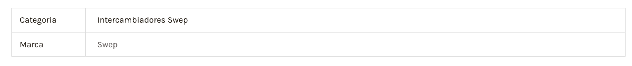 Table with two columns: Category labeled Intercambiadores Swep, Brand labeled Swep.